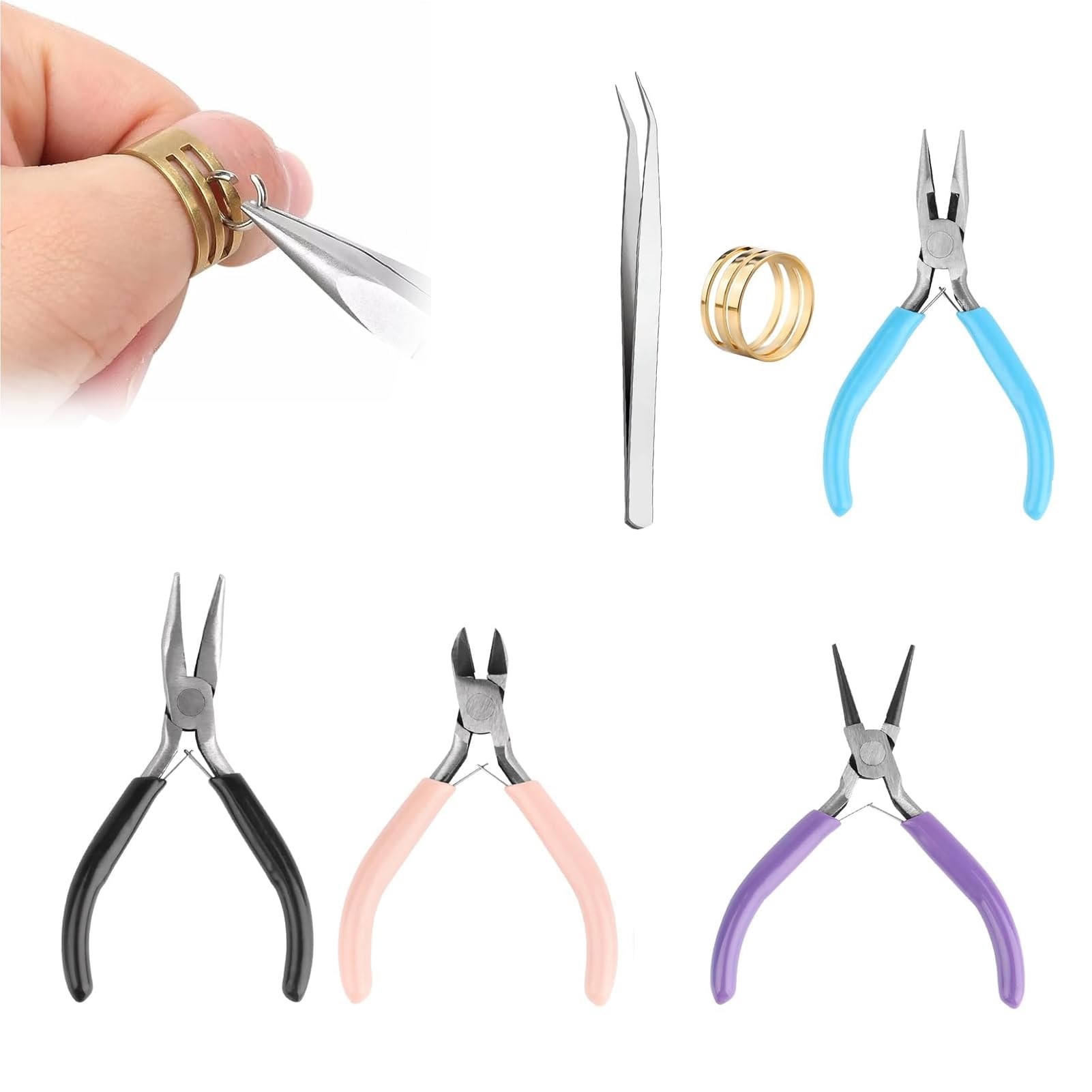 Kit 4 Pinces Bijoux Création - Acier Inox, Poignées Antidérapantes, Ouvre-Anneaux + Épiler Inclus