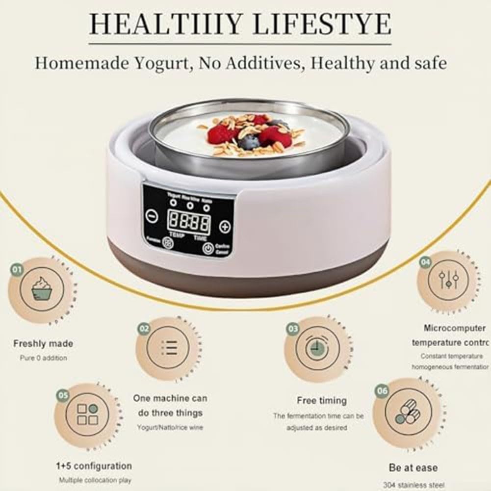 Yogurt Maker digitale con display a LED e controllo del tempo, 5 vasetti di vetro per yogurt naturale biologico, natto, riso, vino, birra, design compatto, 22 x 22 x 15 cm (regolamenti statunitensi)