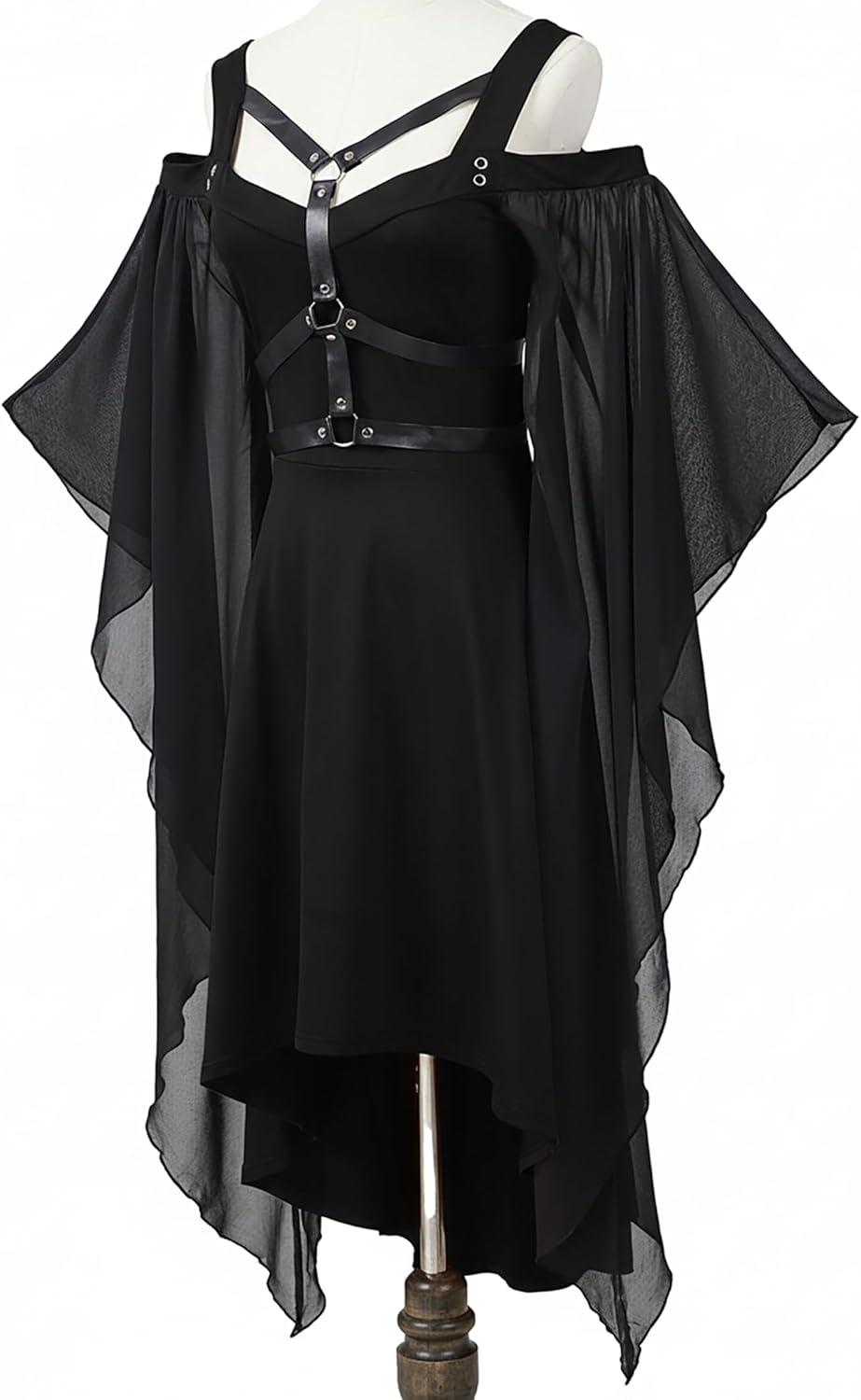 FEAPHY Women's Gothic Dress Vintage Chiffon Cold Shoulder Flare Sleeve High Low Dress - Image 3