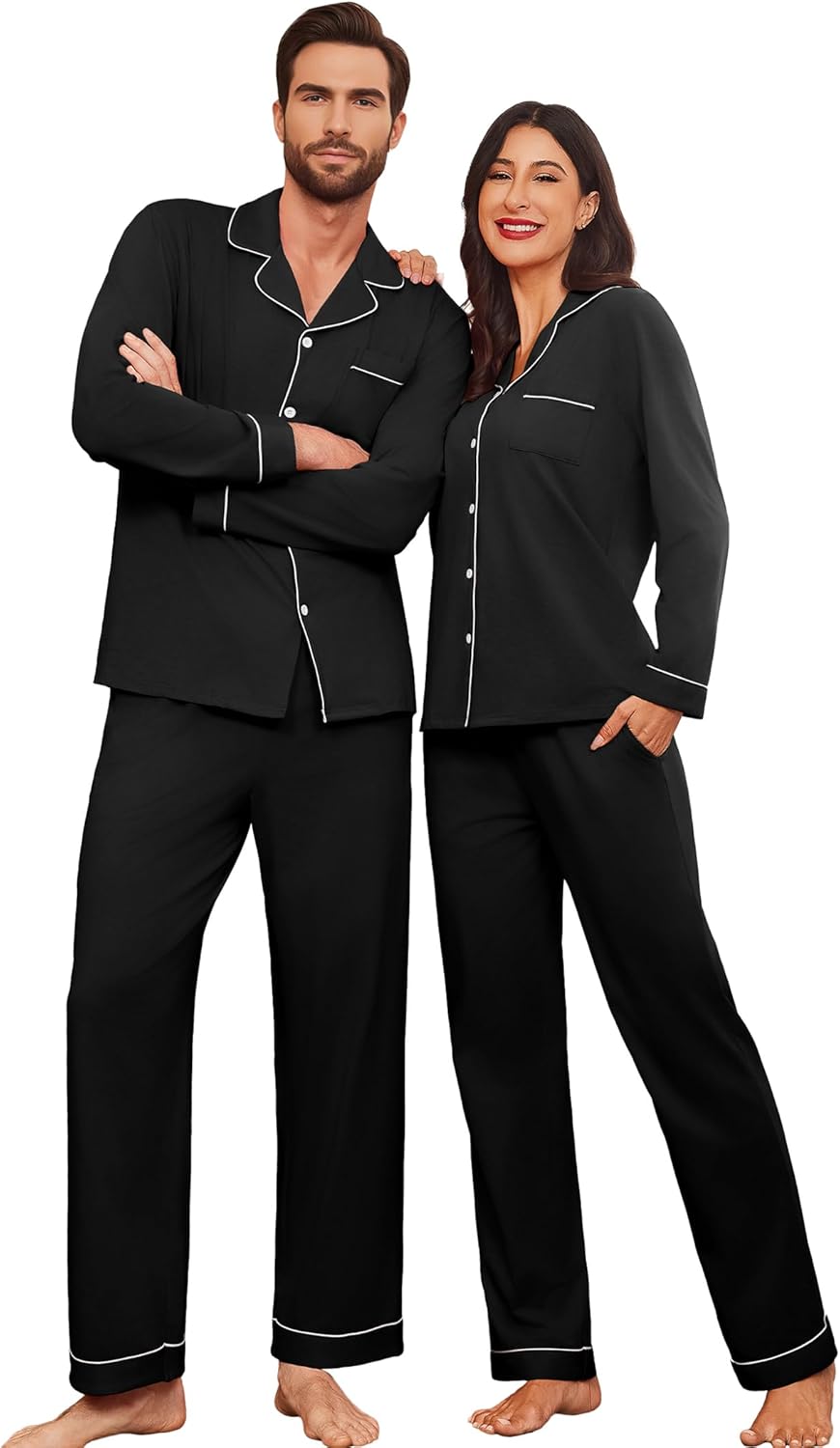 Ekouaer Couple Matching Pajamas 100% Cotton Long Sleeve Sleepwear Button Down Loungewear Pjs Set S-XXL