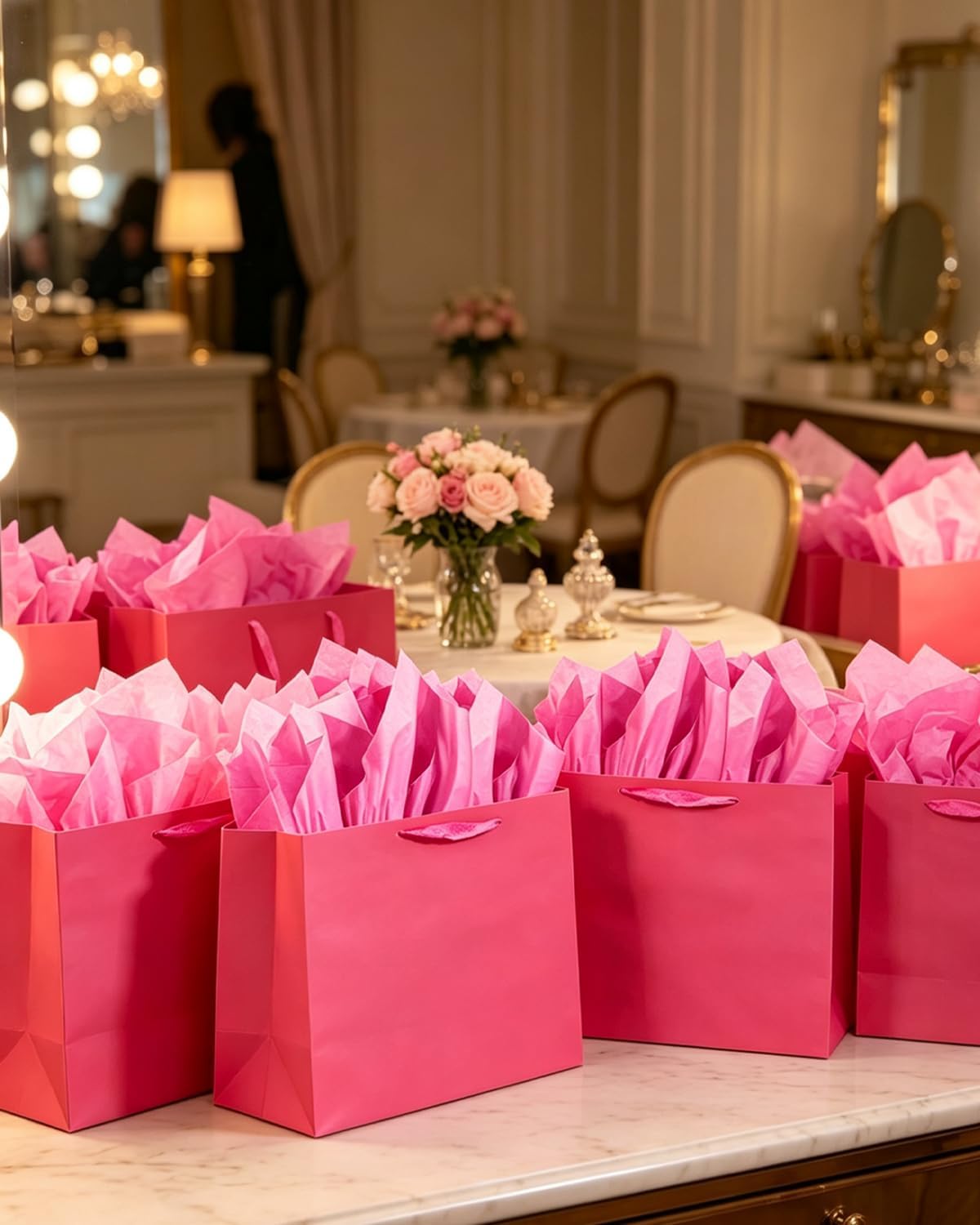 qiqee 24PCS Bright Pink Gift Bags with Ribbon Handles 9.6"x7.9"x4.3" Medium Size Gift Bags (Tissue Paper included, Medium Wide)