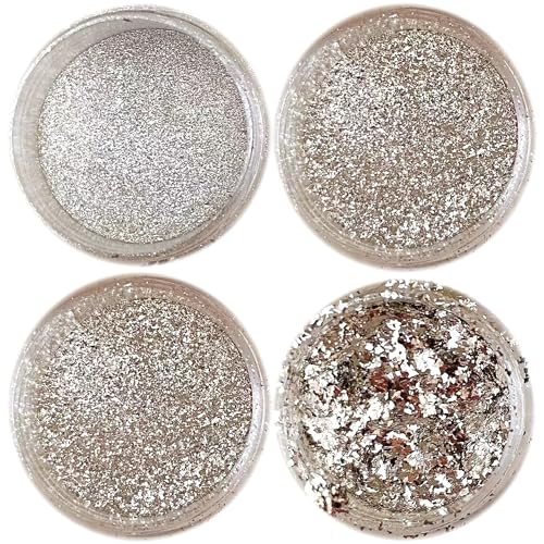 4-Size Silver Glitter Kit - High Gloss Borosilicate Pigment Powder with Strong Metallic Mirror Effect for Epoxy Resin, Nail Art, Jewelry Making & Tumbler Painting (4 x1.5g Jars)