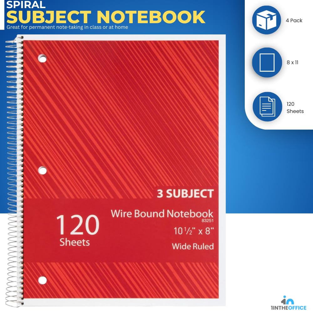 1InTheOffice Cuaderno en espiral con rayas universitarias de 11 x 8, cuadernos de 3 materias, cuadernos de espiral encuadernados con alambre, 120 hojas, colores surtidos, paquete de 4