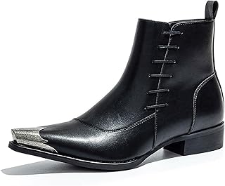 Men's Western Pointed Toe Ankle Boots with Metal Toe Cap Side Zipper Dre...