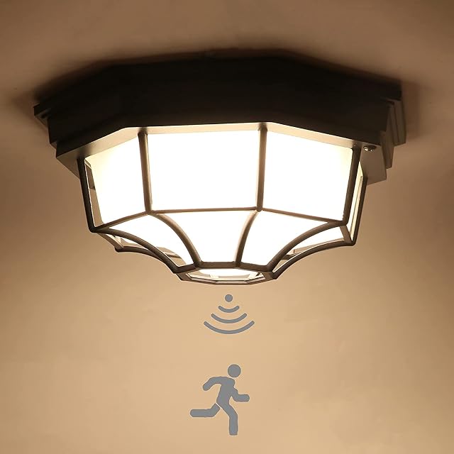 12W LED Rounded Ceiling Light Bulkhead Outdoor Wall Lights with Motion Sensor, Waterproof Lamp Nautical Light Marine Wall lamp Industrial Light Fixture Aluminium Wall Sconce,Black,3000K