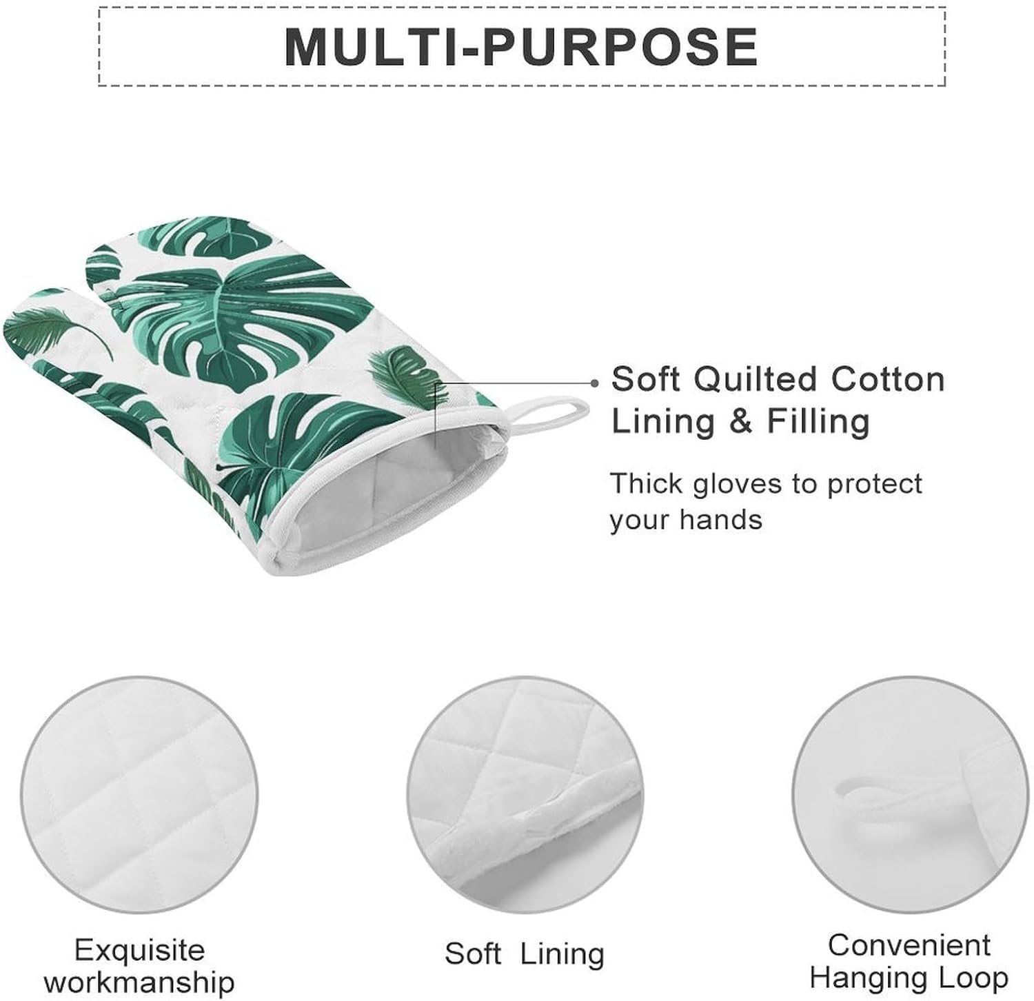 2 Pcs Oven Mitts Heat Resistant Kitchen Gloves Soft Safety Cyan Palm Leaves Oven Glove for Microwave, Barbecue