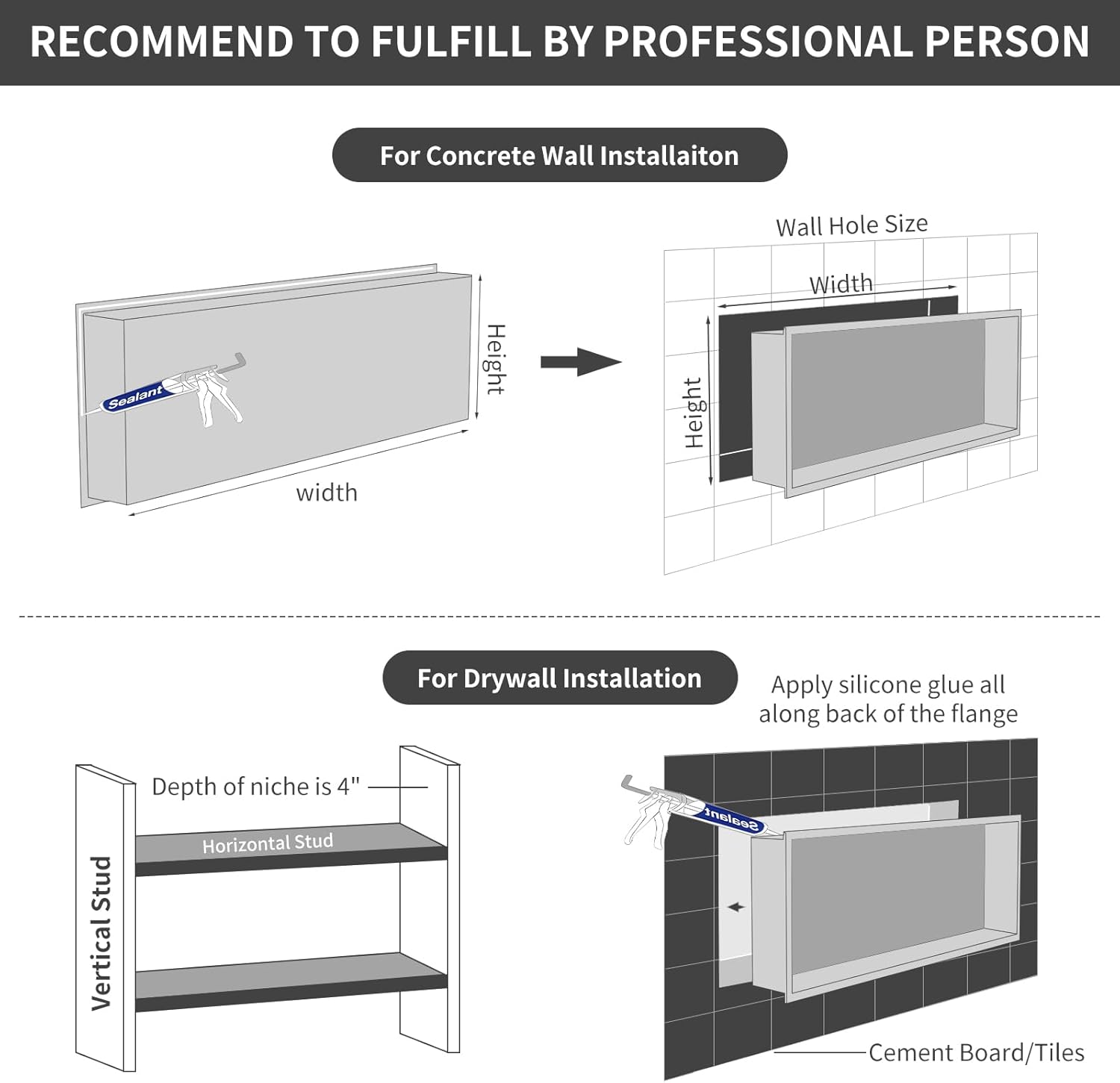 Konelia Shower Niche with Lighting, 36x12x4 Inside Shower Storage Wall Niche Stainless Steel Bathroom Shelf Niche No Tile Needed Shower Caddy Recessed Wall Niche, White