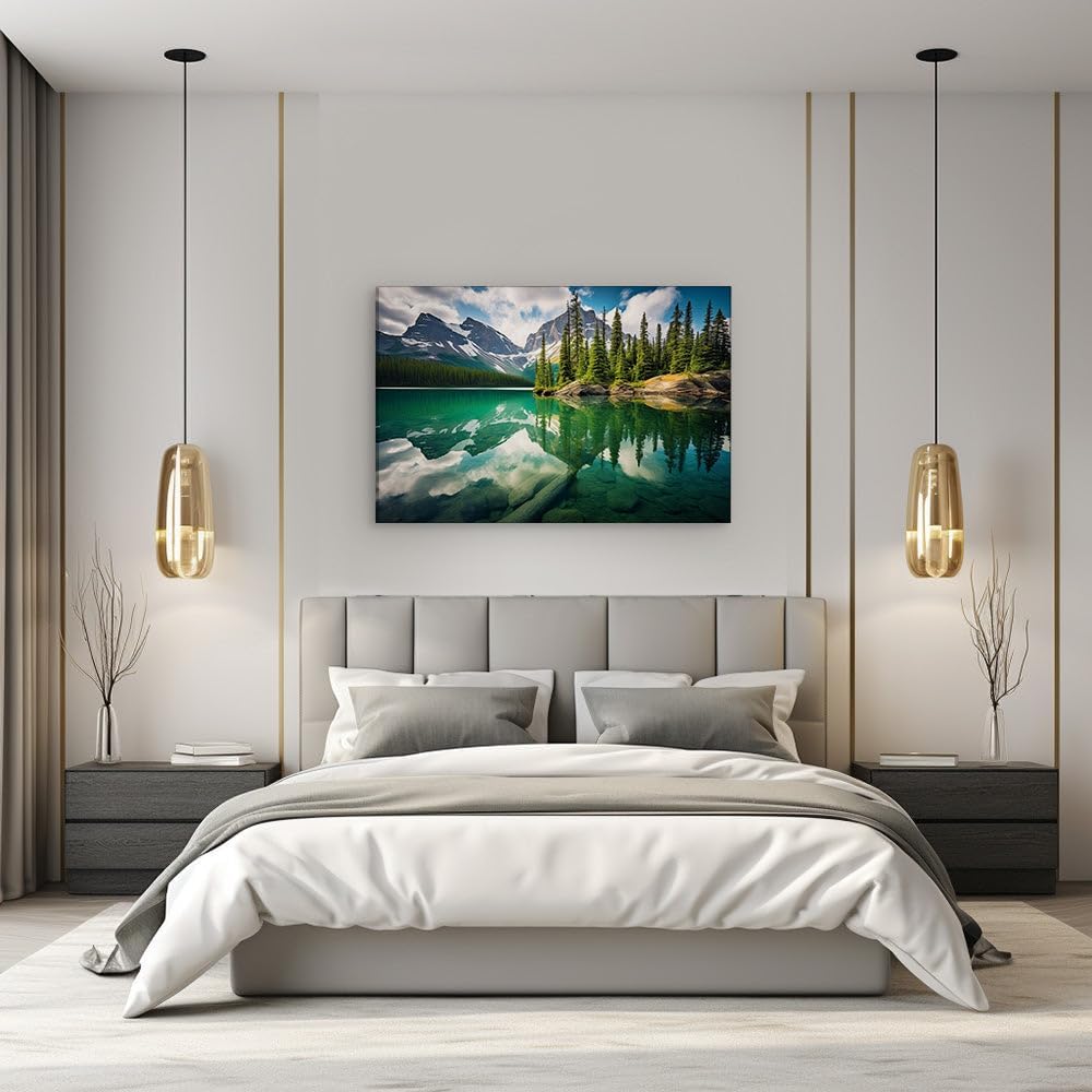 Canvas for Living room. Tranquil Waters and Towering Peaks: A Pristine Reflection of Nature's Serenity, 27 x 18 inch Canvas Wall Art - Contemporary Masterpieces - Modern Home Decor