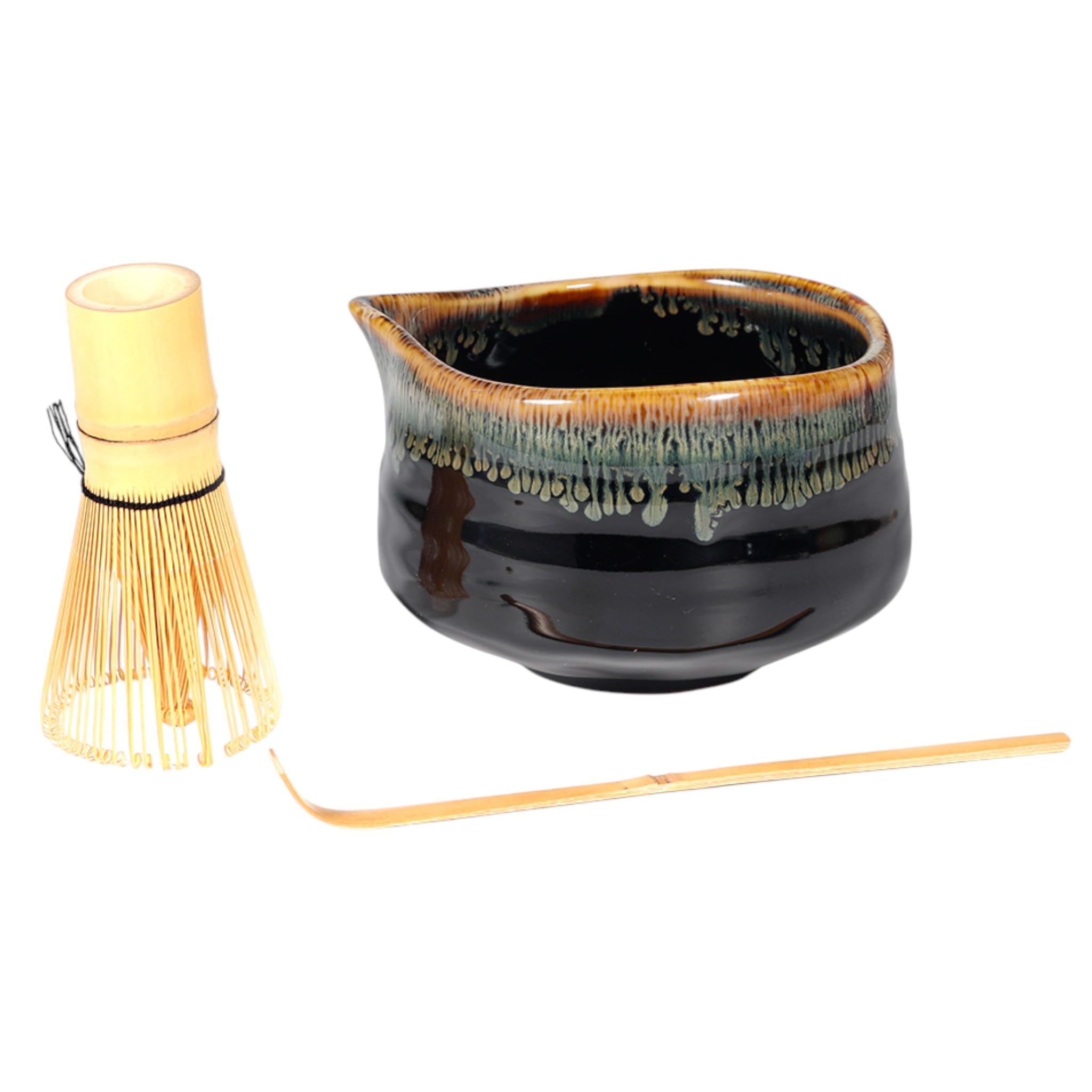 Hinomaru Collection Japanisches Matcha-Schüssel-Set mit einfachem Ausgießer, Bambus-Schneebesen und Schaufel, 3-teiliges japanisches Teezeremonie-Set aus Keramik, 590 ml (Schwarzbraun)