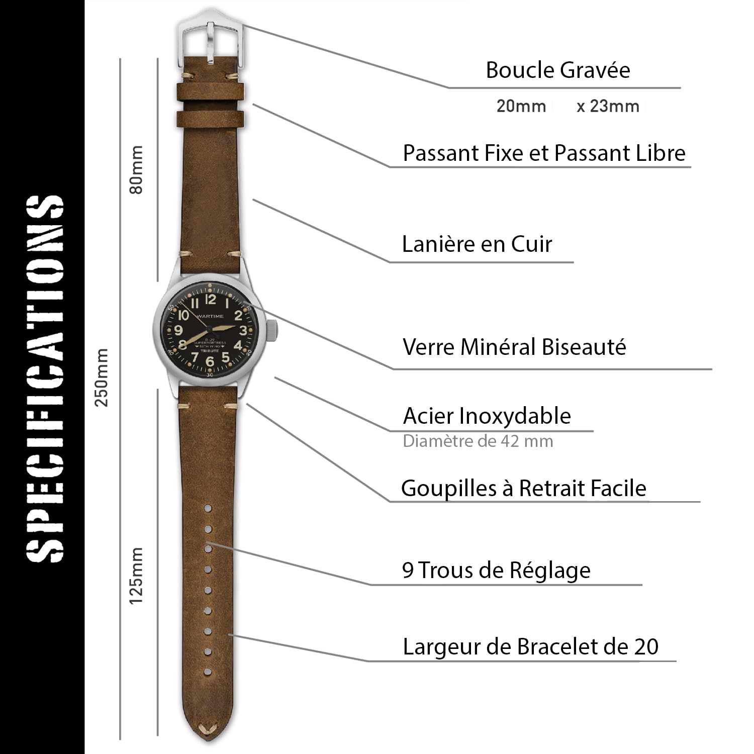 WARTIME | Montre Aviateur Militaire Inspirée des Montres USAAF A-11 "La montre qui a gagné la Seconde Guerre mondiale" - Mouvement Quartz Suisse - Édition Vintage avec Deux Bracelets