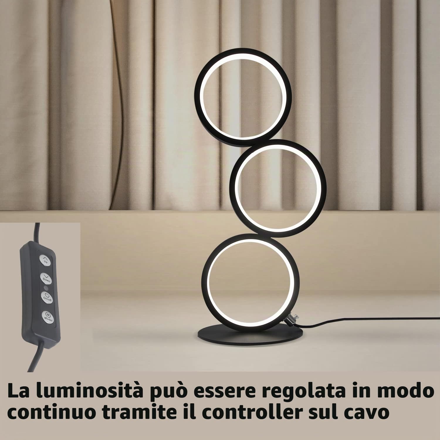 Lampada da tavolo a LED dimmerabile lampada da comodino moderna lampada da | scrivania nera a forma di anello Lampada da notte decorativa da 12 W con cavo da 2,9 m per camera da letto, soggiorno, studio
