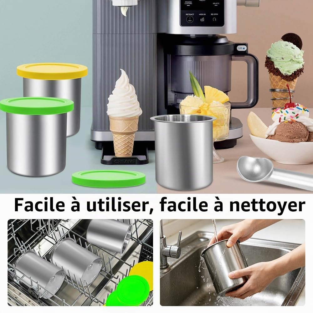 4 Pièces Pot pour Creamy Accessoires, Récipient pour NC300 NC299 NC300 NC301, Bacs À Crème Glacée avec Couvercle Et Cuillère, Passe au Lave-Vaisselle