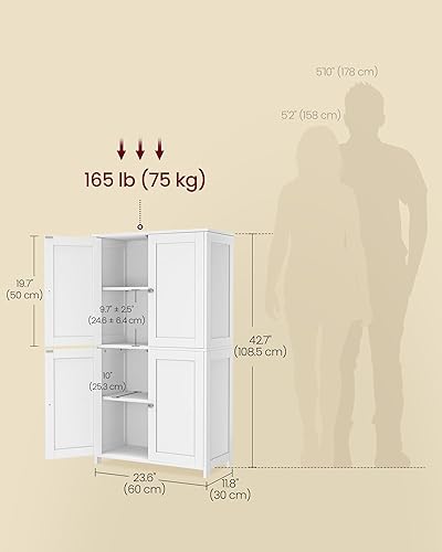 Miniatura 3 de VASAGLE Armario de almacenamiento de piso, armario agitador con 2 estantes ajustables, 4 puertas, unidad organizadora independiente alta, para Blanco