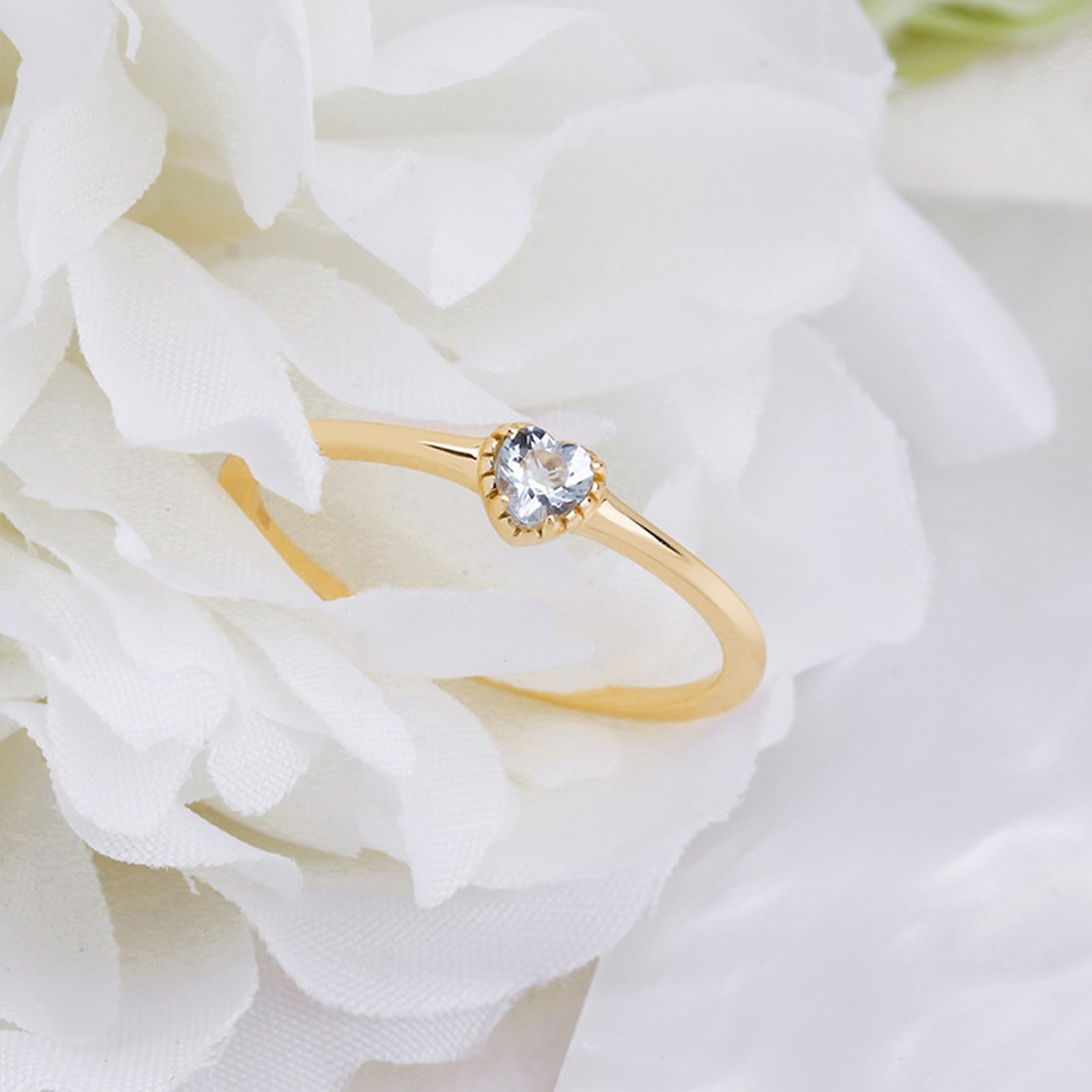 Anillo apilable fino de oro de 9 K/14 K/18 K, para mujer, corazón aguamarina, aguamarina, oro auténtico