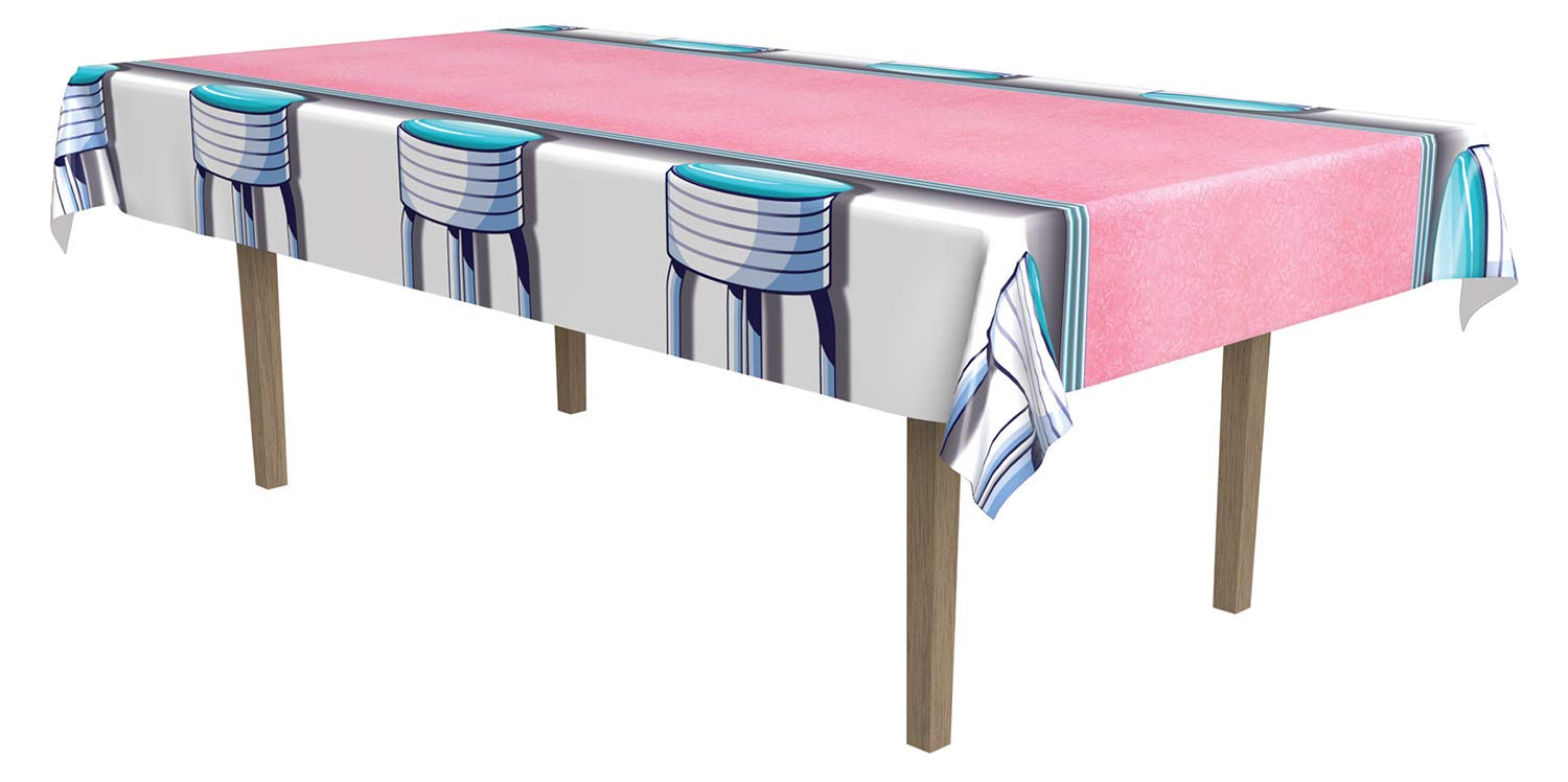 Beistle1950’s Soda Shop Stool Table Cover Supply – Retro, Sock Hop, and Oldies Decor for 50’s Themed and Birthday Parties, 54" x 108", Multicolored