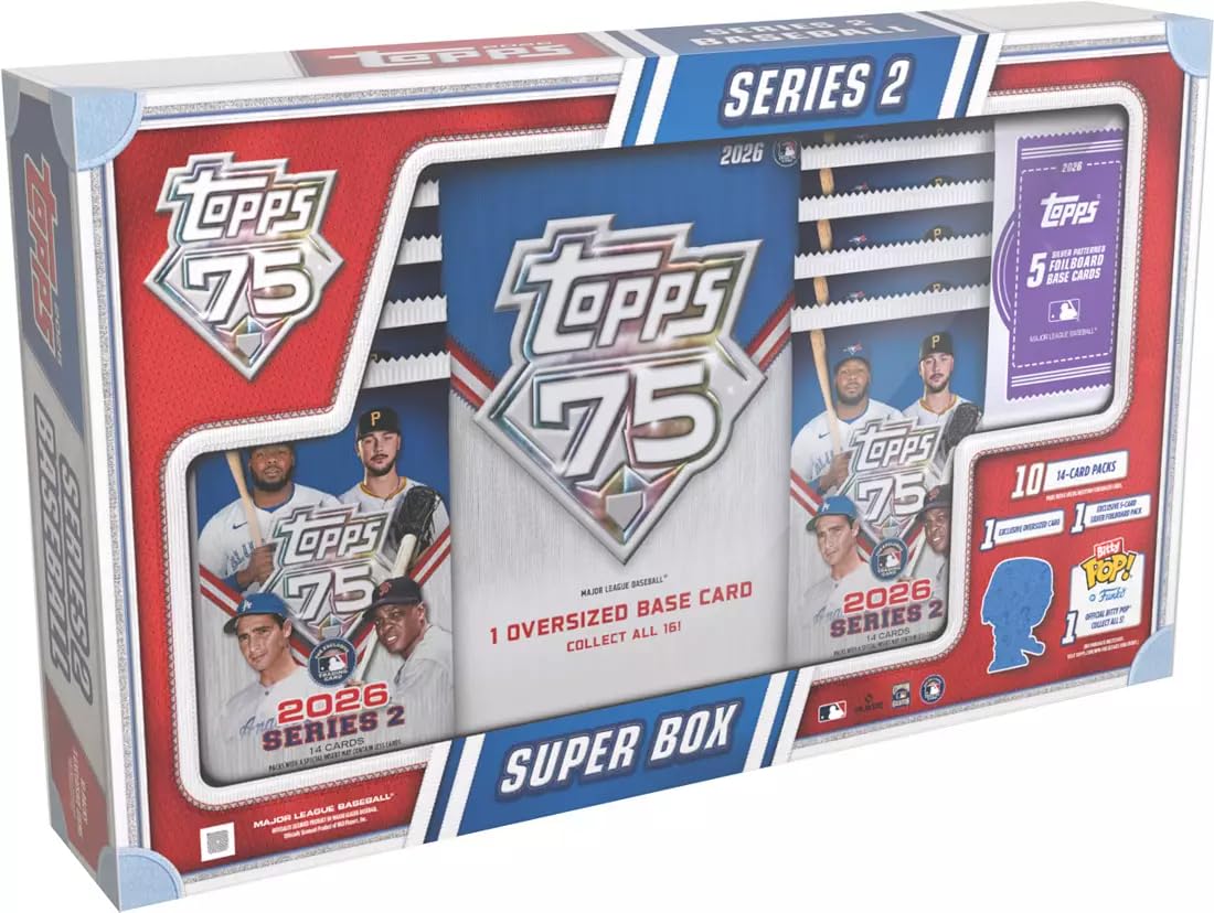 2026 Topps Series 2 Baseball Super Trading Card Box (1 esclusiva carta oversize + 5 carte argento Foilbord Pack & 1 Bitty Pop per scatola)
