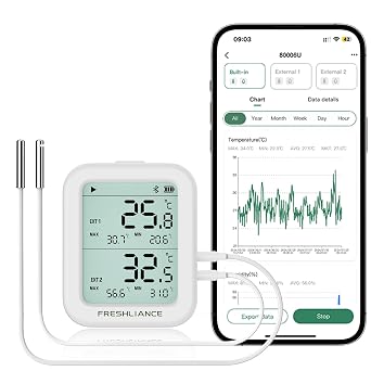 Freshliance Bluetooth Temperature Humidity Data Logger Recorder with 2pcs External Probe, Digital Refrigerator Thermometer Hygrometer, Remote Data Recording Analysis Alarm by Smart APP,BlueTag TH30R-I