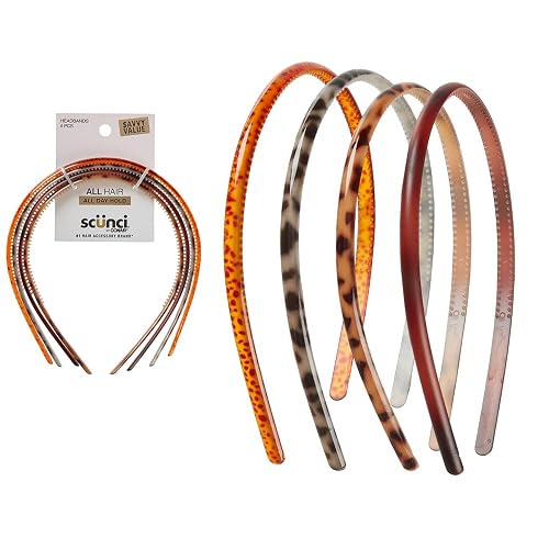 Scunci by Conair Effortless Beauty Skinny headband -plastic Headbands for Women and Men - hair accessories for women - Assorted Tortoise - 4 Count