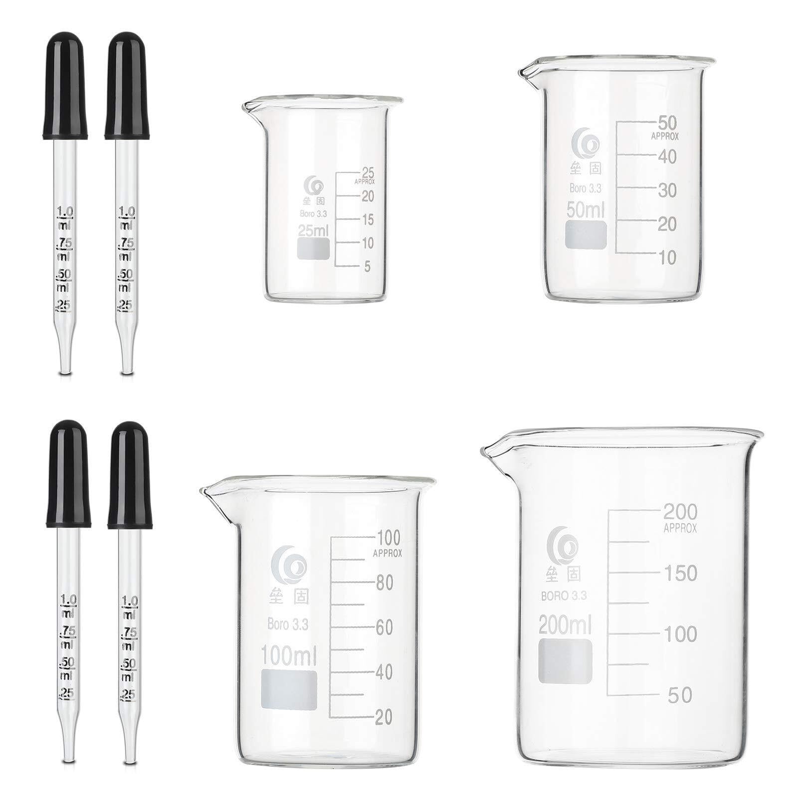 Set 4 Vasos Bécher Graduados 25-50-100-200ml + 4 Pipetas de Vidrio 1ml – Borosilicato 3.3 Resistente Calor Química Laboratorio