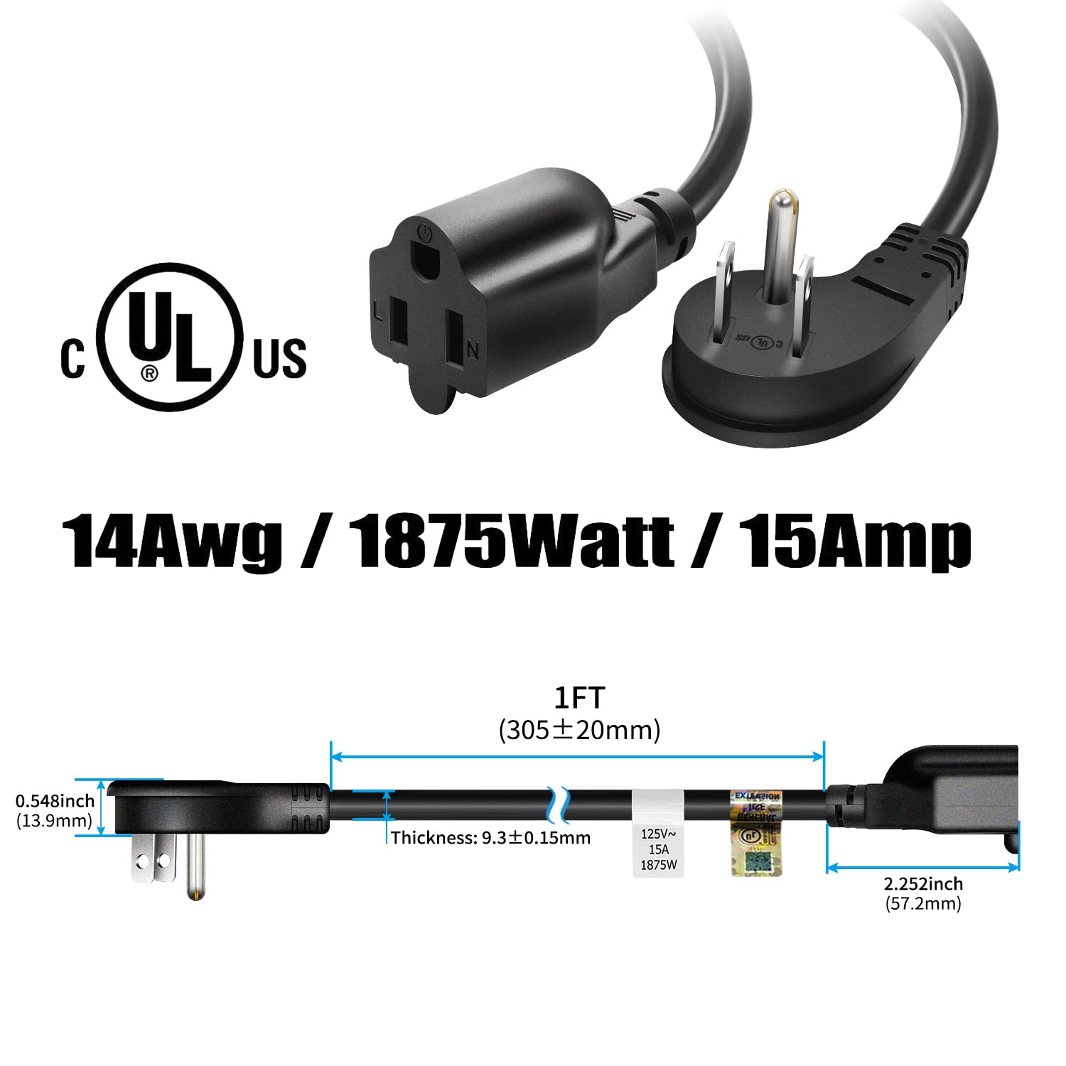 FIRMERST 1875W Flat Plug Extension Cord 1 Foot, 15A 14 AWG Black - -  Amazon.com