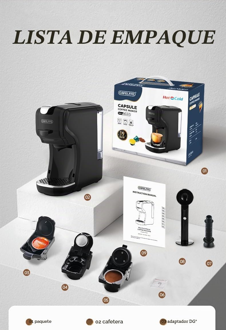 CAFELFFE MK-611 Cafetera de cápsulas 3 en 1, altura de taza ajustable, máquina de café espresso caliente/frío para uso doméstico/oficina, compatible con máquinas de café NES Original/DG/Ground