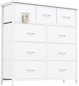 MUTUN Dresser for Bedroom with 9 Drawers, Chest of Drawers with Wooden Top, Tall Dressers Bedroom Clearance, Storage Drawers for Living Room Tv Stand,Closet, Entryway, White