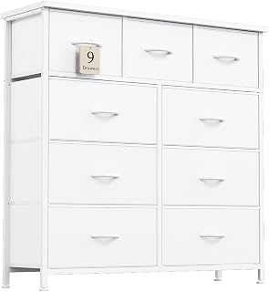MUTUN Dresser for Bedroom with 9 Drawers, Chest of Drawers with Wooden Top, Tall Dressers Bedroom Clearance, Storage Drawers for Living Room Tv Stand,Closet, Entryway, White