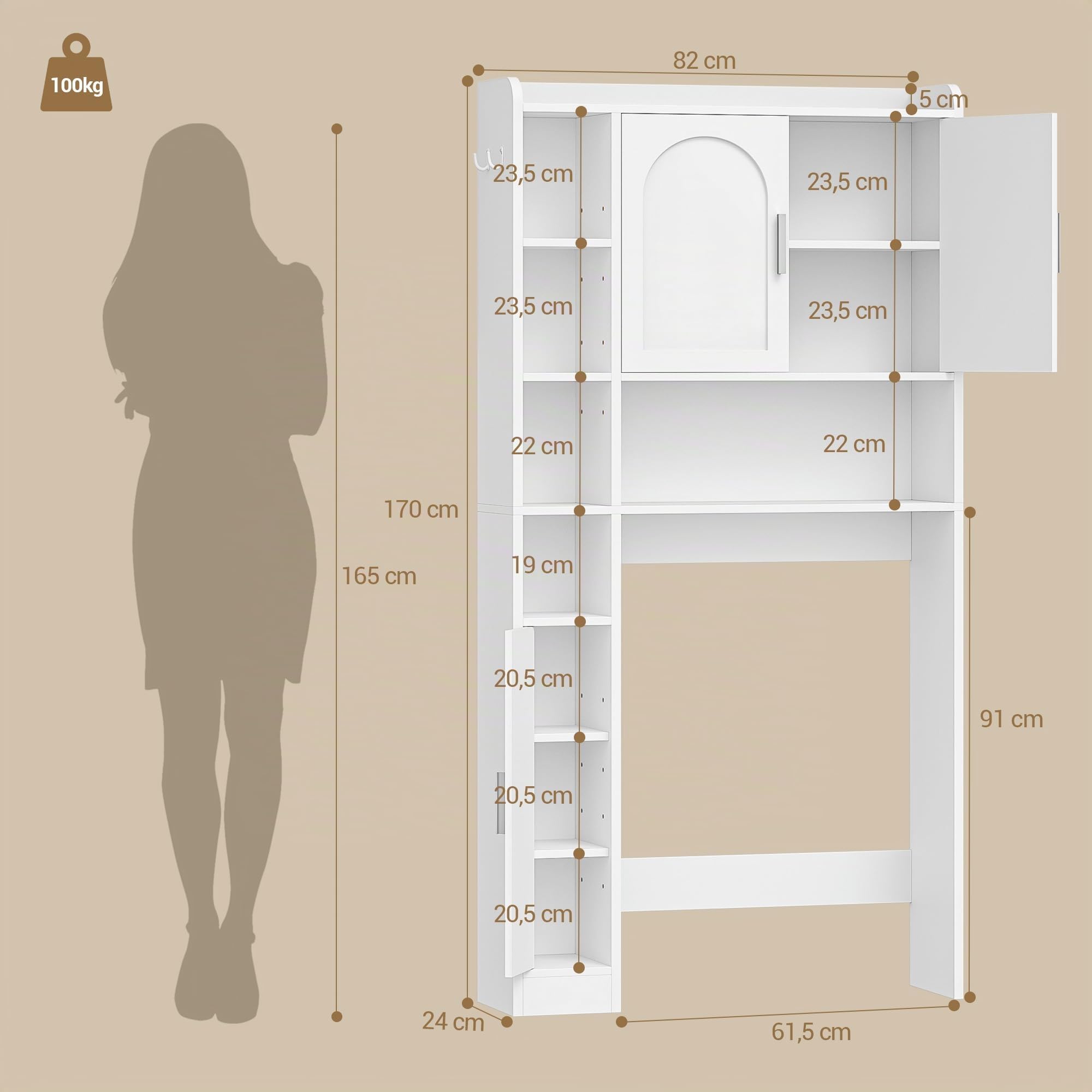 Hzuaneri Mobile Lavatrice, Ripiani Regolabili, 24 x 82 x 170 cm, ELR82003X | Mobile Sopra Lavatrice, 2 Armadietti, 5 Scomparti Aperti, Scaffale da Bagno con 3 Ante, Bianco, Stile Moderno Minimalista