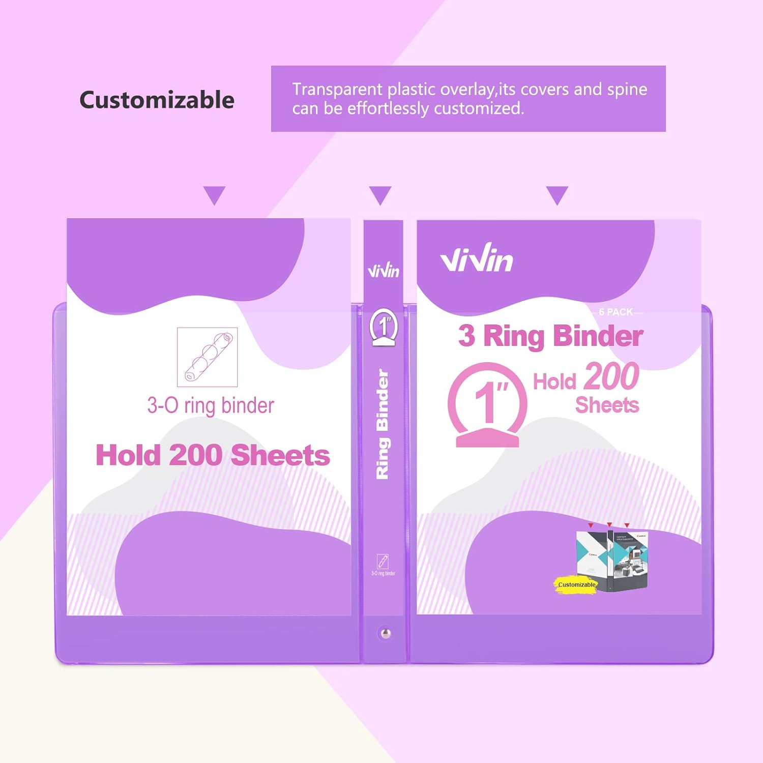 ViVin 1 Inch Round Ring View Binder for Durability, Standard 3 Ring Binder for 200 Sheets of US Letter Size Paper, PVC-Free, 6-Pack (Purple)