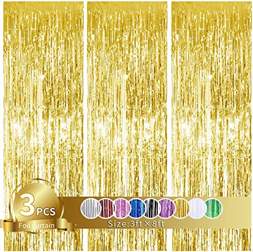 Image of 3Pcs Gold Metallic Tinsel Foil Fringe Curtains,3.2ft*8ft Gold Photo Booth Backdrop Streamer,Photo Booth Props,for Party Door Wall Curtains Bachelorette Birthday, Christmas,New Year Decorations
