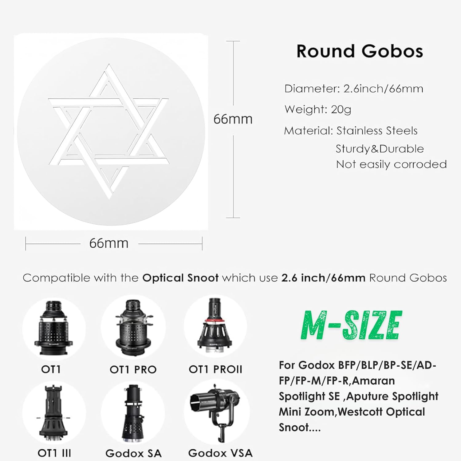 66mm (M-Size) Optical Snoot Gobos Kit, 15-Piece Metal Pattern Inserts Compatible with Godox BFP/Westcott/Neewer LS-38, Creative Lighting Backgrounds for Cinematic Portraits & Livestreaming