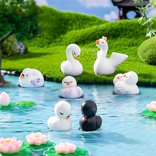 7 Pcs Mini Resin Swan Miniature Figurines, Cute Small Black White Family Swan Figures Cake Topper, DIY Micro Landscape Home Garden Plant Pots Bonsai Craft Decor