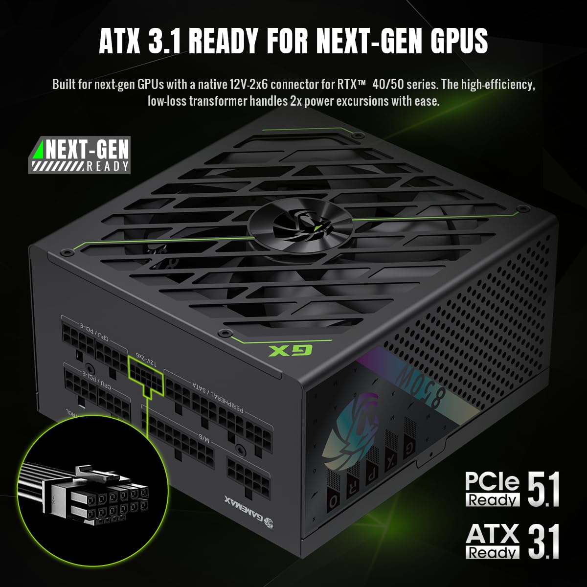 GAMEMAX GXPRO 850G Alimentatore PC 850W completamente modulare, ATX3.1 PCIe5.1 con connettore 12V-2x6, 80 Plus Gold, condensatori giapponesi 105°C, 7 circuiti di protezione, 10 anni, nero