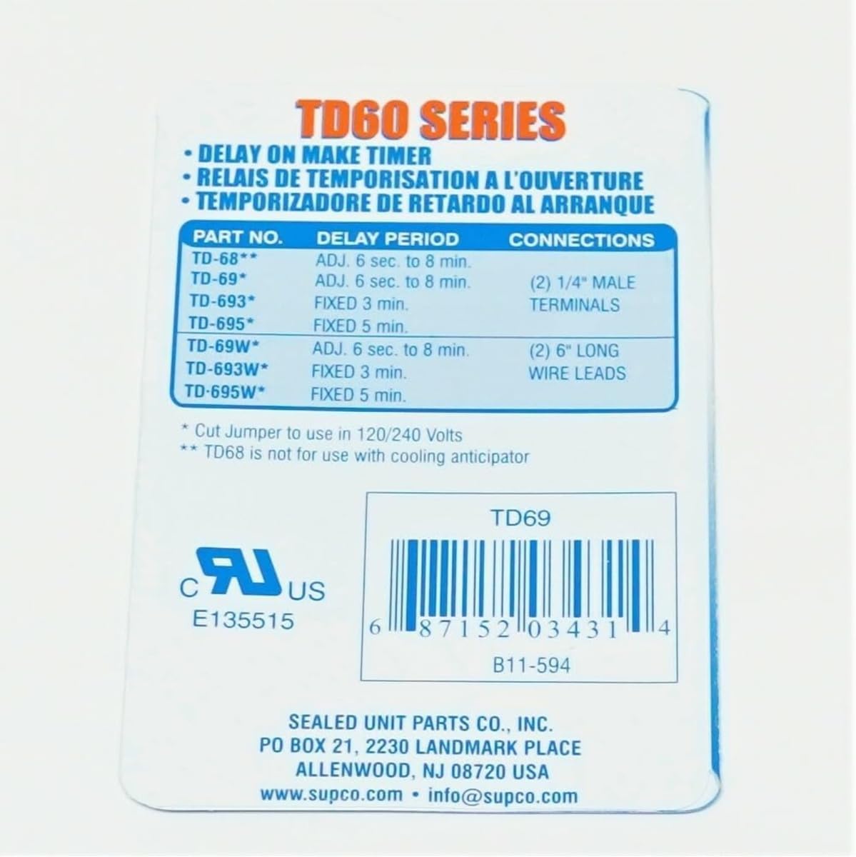 TD69 Delay On Make Time Delays Timer Sealed Unit Parts Company for SUPCO