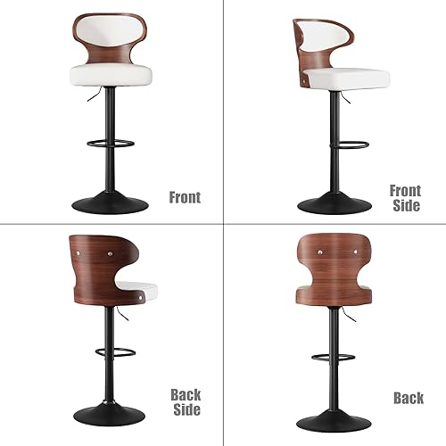 Miniatura 7 de Juego de 3 taburetes de bar giratorios de altura ajustable, de piel sintética, tapizados de madera curvada, con respaldo y reposapiés, silla de bar
