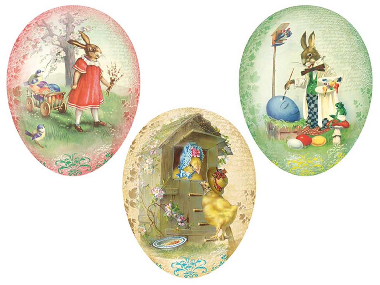 Nestler Easter Eggs for Easter Egg Hunt and Easter Basket Stuffers, Vintage Easter Bunny Rabbits and Easter Chicks, Decorative Fillable Paper Mache Easter Eggs for Easter Gifts 3.5 Inches Set of 3