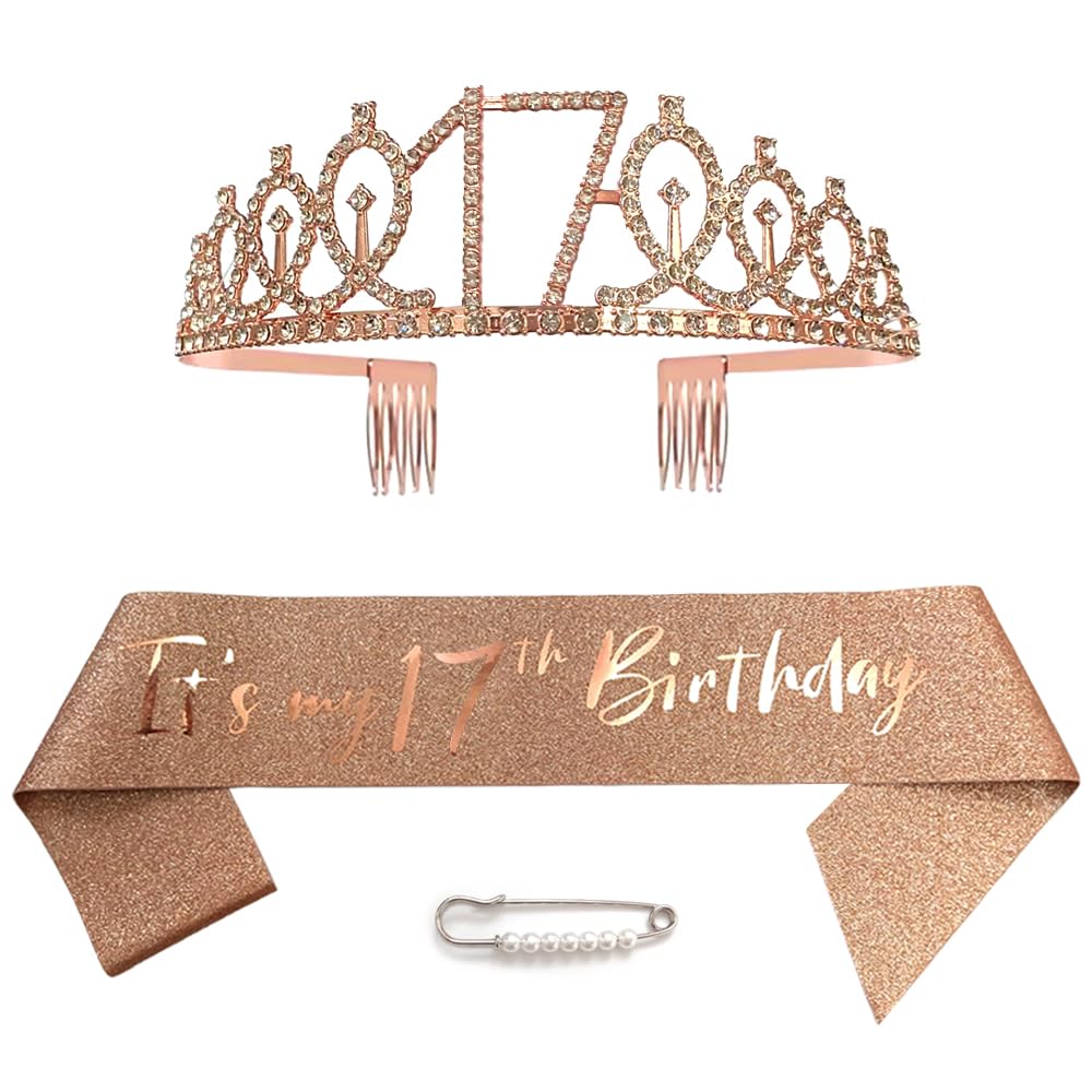 Ceqiny Tiara y coronas de 17 cumpleaños para niñas, tiara de oro rosa, tiara de princesa, tiara de diamantes de imitación con peines, tiaras de novia de boda para boda, graduación, fiesta de novia, Navidad