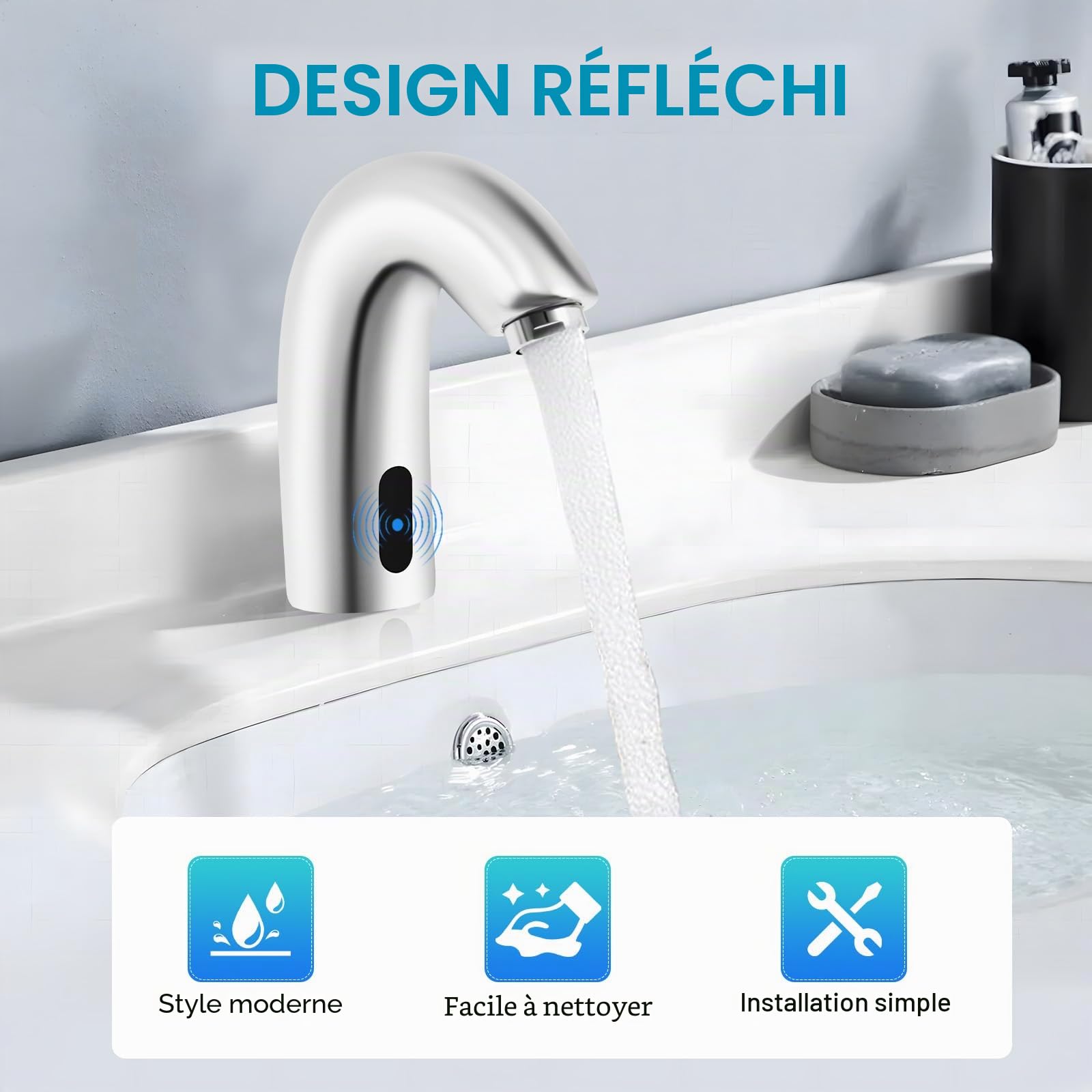 MINRS Robinet avec capteur infrarouge, mitigeur de lavabo automatique à induction, mitigeur de lavabo automatique pour eau froide sans contact pour salle de bain, lavabo