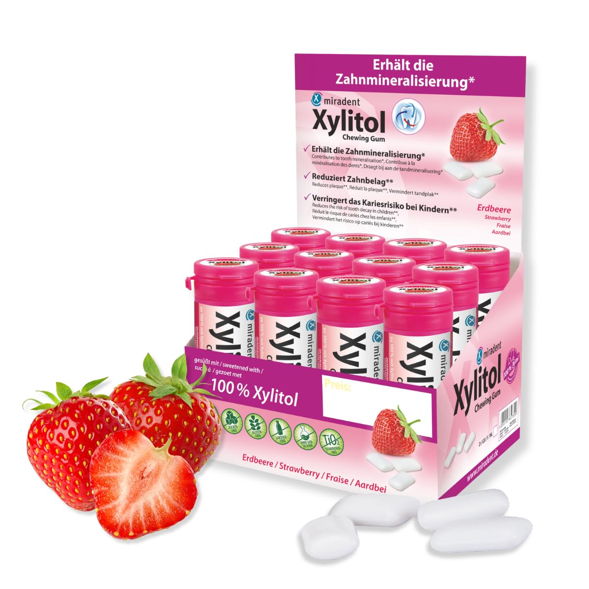 miradent Chewing-gum dentaire au xylitol Fraise | 12 pcs | goût fruité | sans sucre | vegan | prévient les caries | idéal à emporter
