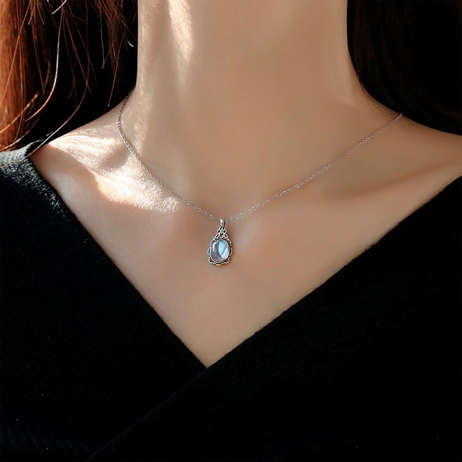 Bohemia Oval Moonstone Necklace Choker Silver Gemstone Necklace Chain Moonstone Pendant Necklace Oval Stone Chain Necklace Jewelry for Women - Image 2