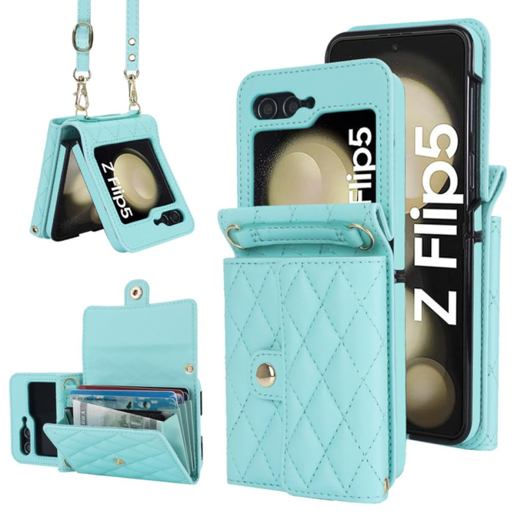 Custodia per telefono in pelle con borsa a tracolla per Samsung Galaxy Z Flip 5 4 3 5G con cordino lungo Slot per schede portafoglio Proteggi copertura, colore D, per Samsung Z Flip 4