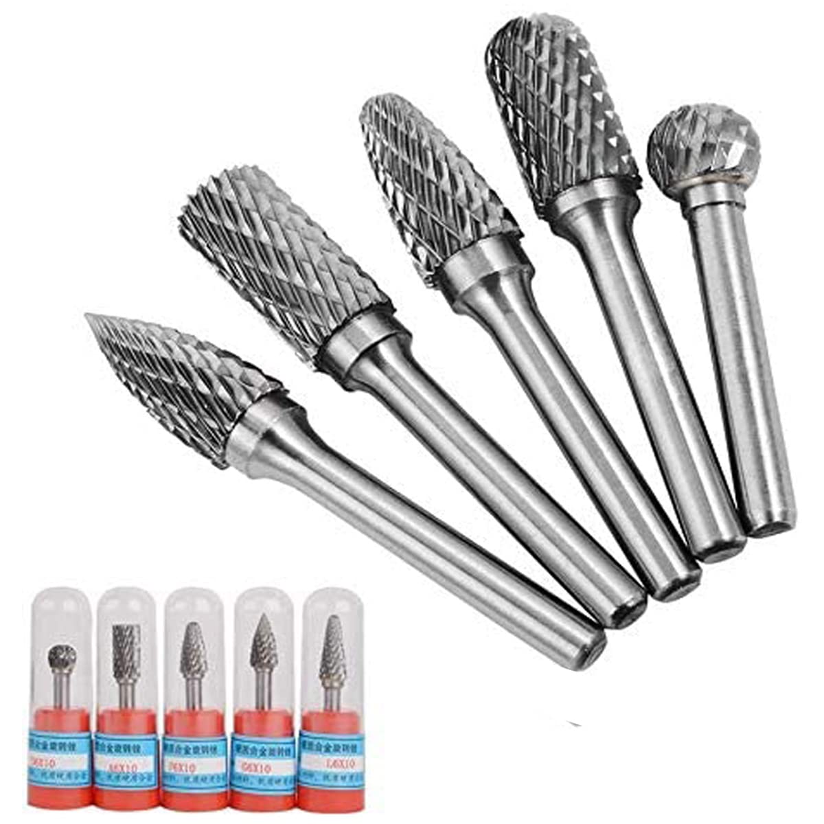 Treki 5PCS Fraises en Carbure de Tungstène Tige 6mm x 8mm Fraises Rotatives Double Coupe pour Sculpture sur Bois Métal Céramique Polissage Gravure