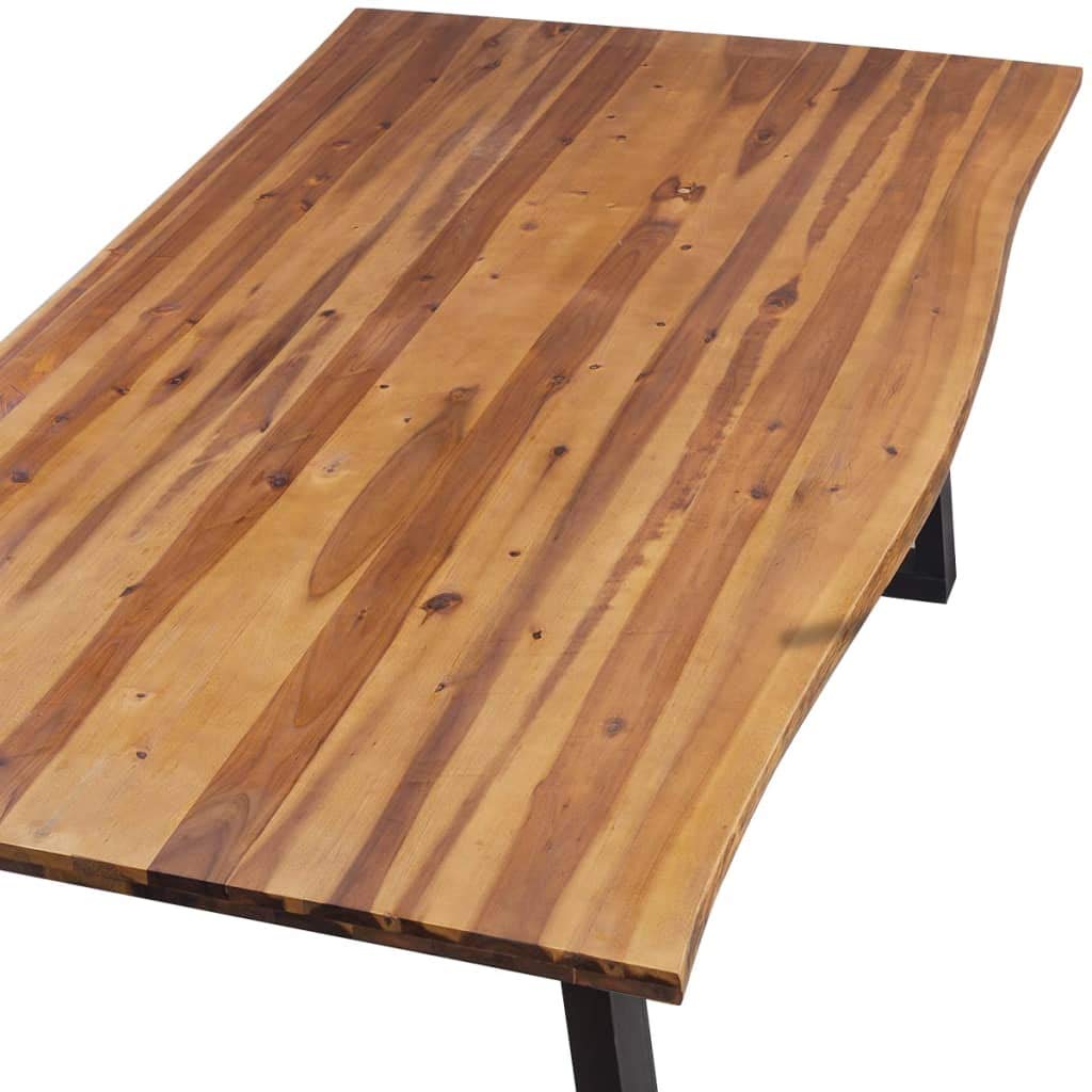 Tavolo da pranzo in legno di acacia massiccio, 200 x 90 cm, con gambe in metallo a forma di U e bordo naturale, per sala da pranzo, tavolo in acacia