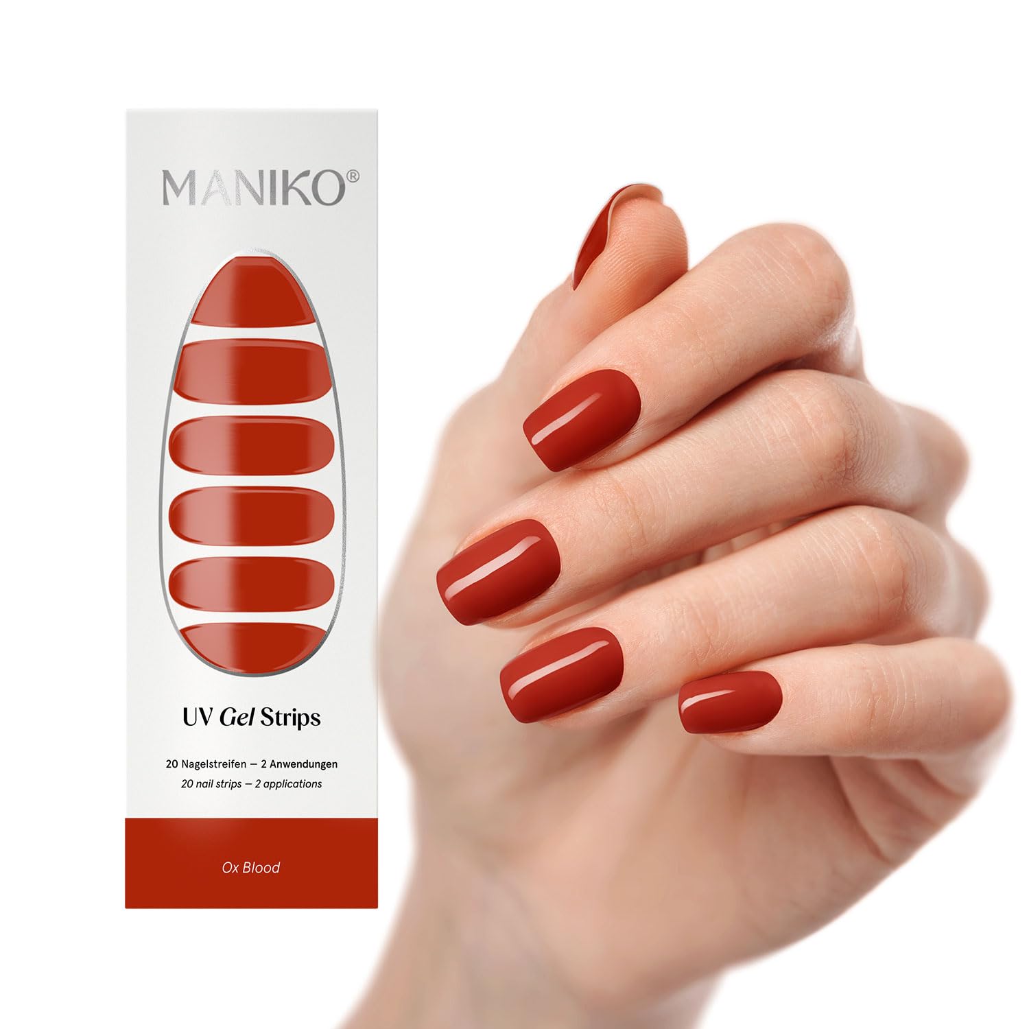 Maniko® UV Gel Strips - Selbstklebende Nagelfolie für bis zu 2 Anwendungen - Vegan & langanhaltend - Maniküre für natürliche Nägel (20 UV Gel Strips) (Ox Blood)