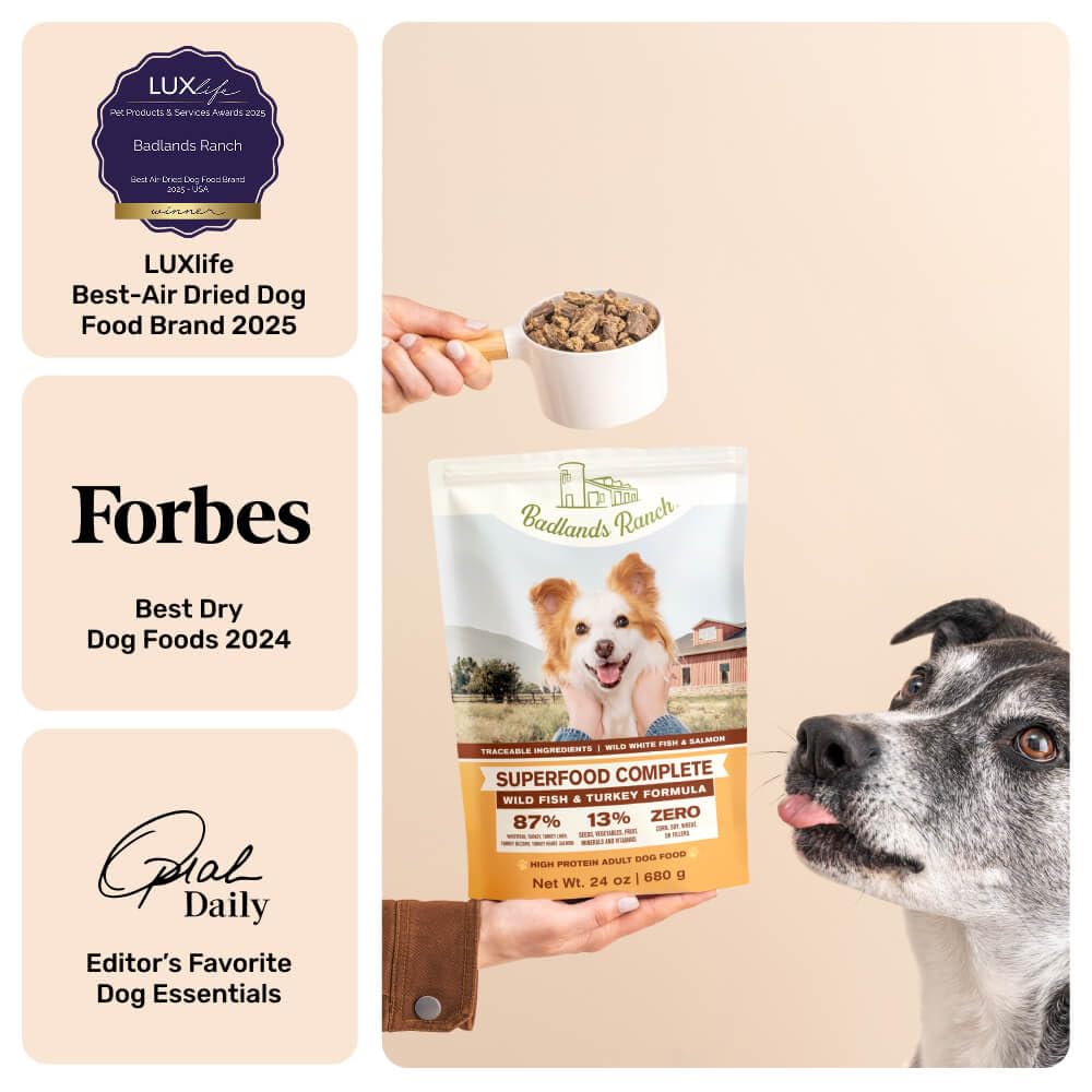 BADLANDS RANCH - Superfood completo, cibo per cani adulti essiccato all'aria - High Protein, Zero Fillers, Superfood Nutrition di Katherine Heigl (24 once. Formula di pesce selvatico e tacchino)