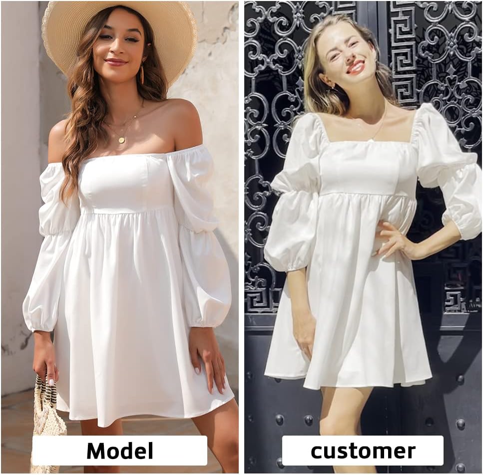 EXLURA Womens 2026 Square Neck Dress Long Puff Sleeve A-Line Casual Short Mini Dresses - Image 4