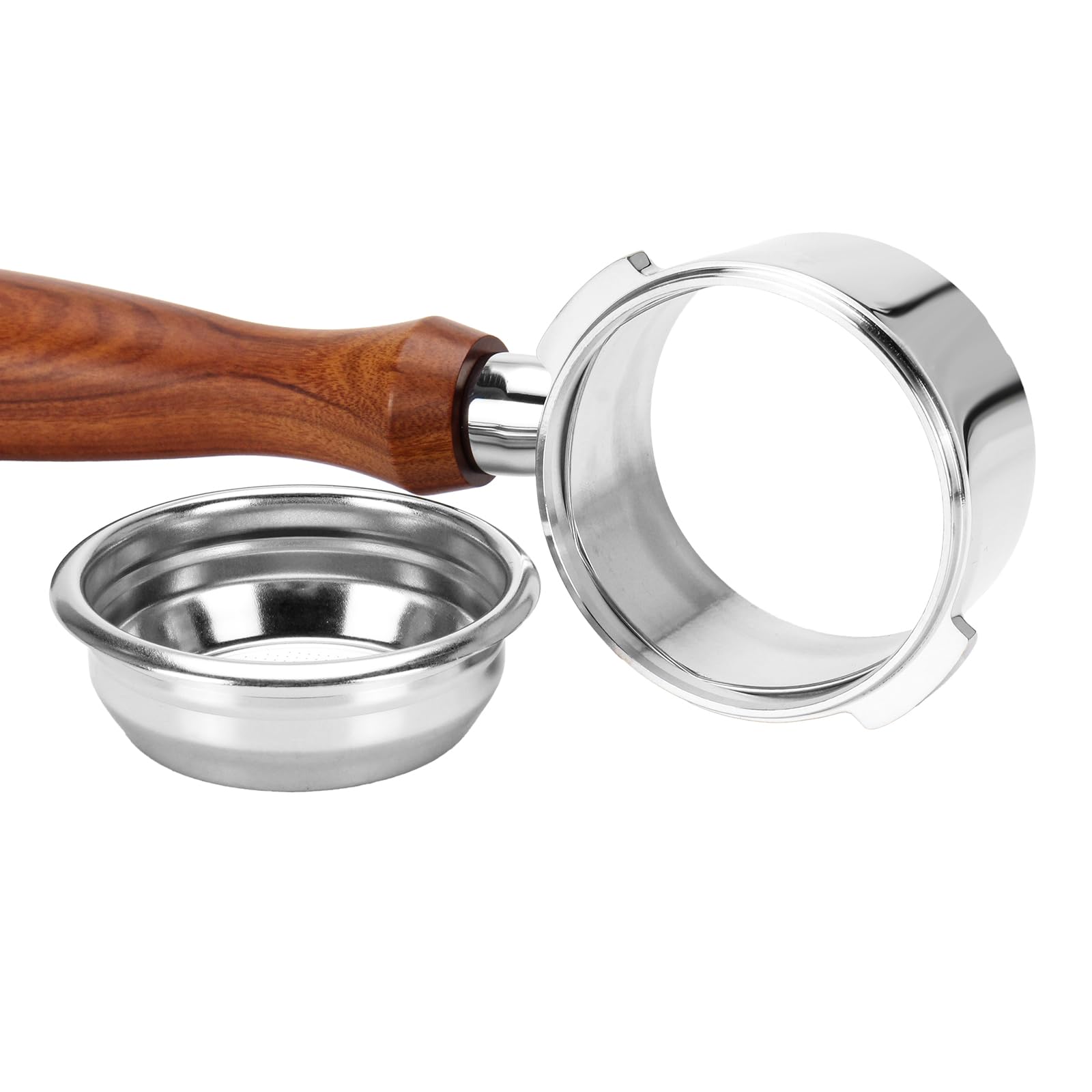 DIBTSA Portafiltro sin fondo de 58 mm compatible con Gaggia, portafiltro de café de acero inoxidable 304 de 2 orejas con cesta de filtro reutilizable y mango de madera, piezas de repuesto para máquina