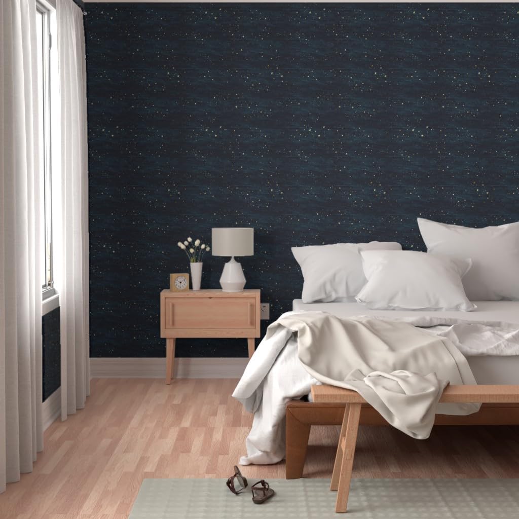 Peel & Stick Wallpaper Swatch - Night Sky Stars Midnight Blue Turquoise Hand Drawn Dark Cosmos Custom Removable Wallpaper by Spoonflower