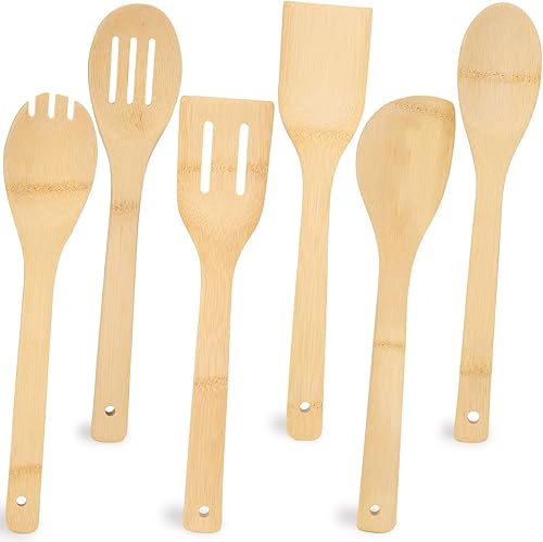 HANSGO Juego de 6 utensilios de cocina de bambú, espátula de bambú, cucharas de cocina para el hogar, cocina, inauguración de la casa, regalo de