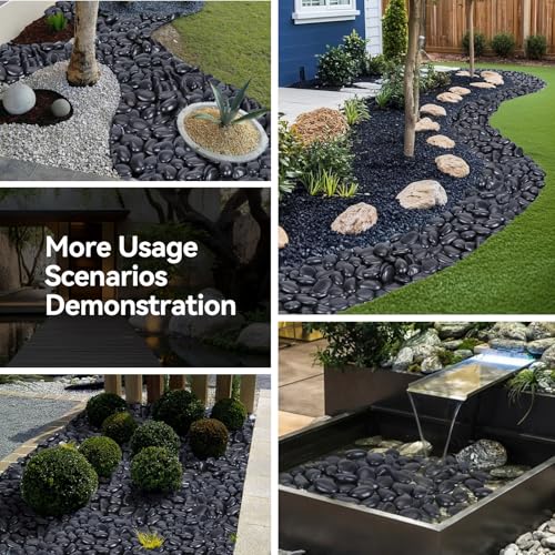 Image of Pulovin 20 lbs Black Stones for Plants Indoor, 2-3 Inch Decorative River Rocks for Plants, Flower Pots, Vase, Polished Garden Stones for Outdoor Landscaping, Walkways, Yard